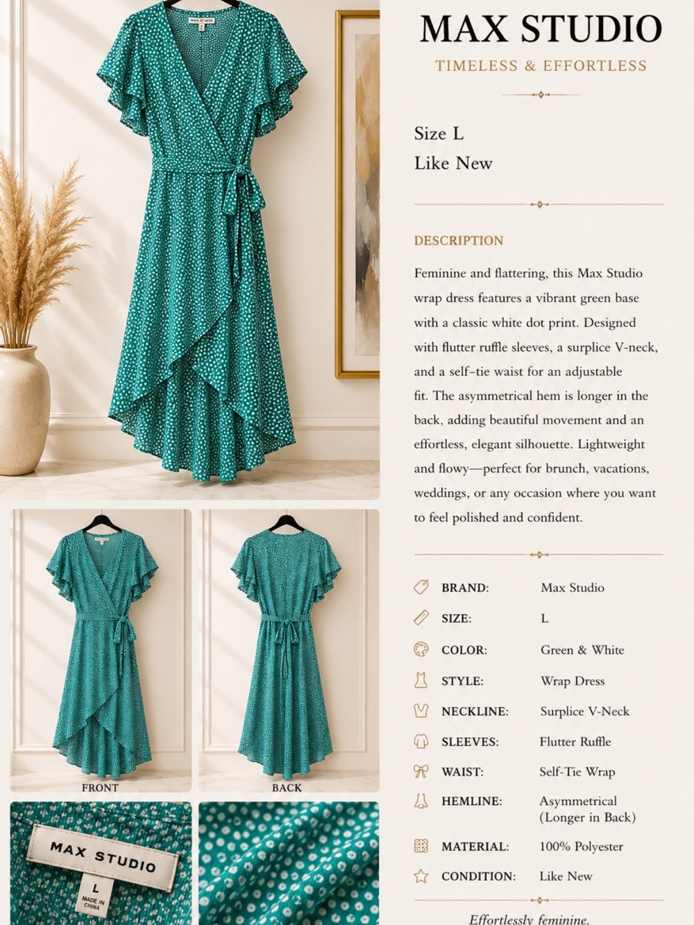 Max Studio Green and White Polka Dot Asymmetrical Wrap Midi Dress